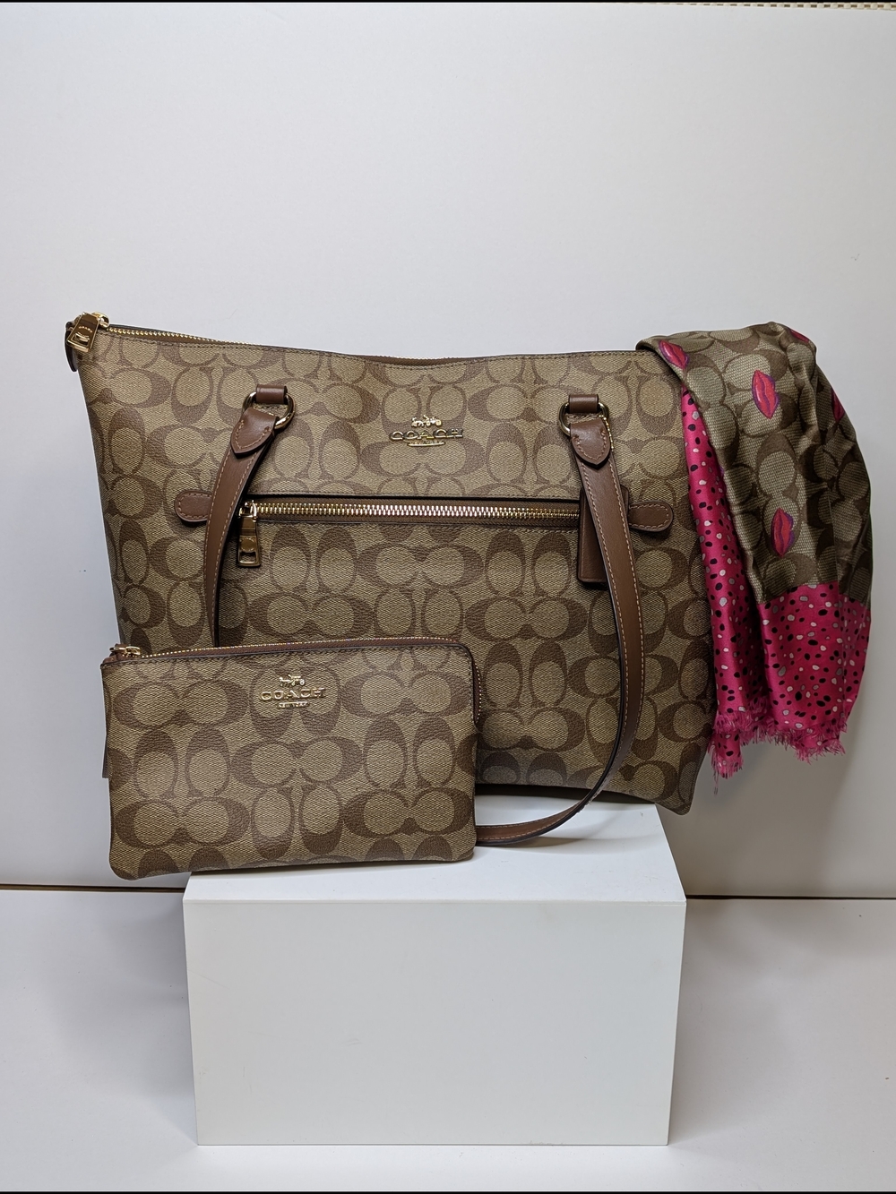 Coach Signature Canvas Tote F79608 w/ Wristlet & Pink Polka Dot Lips Scarf